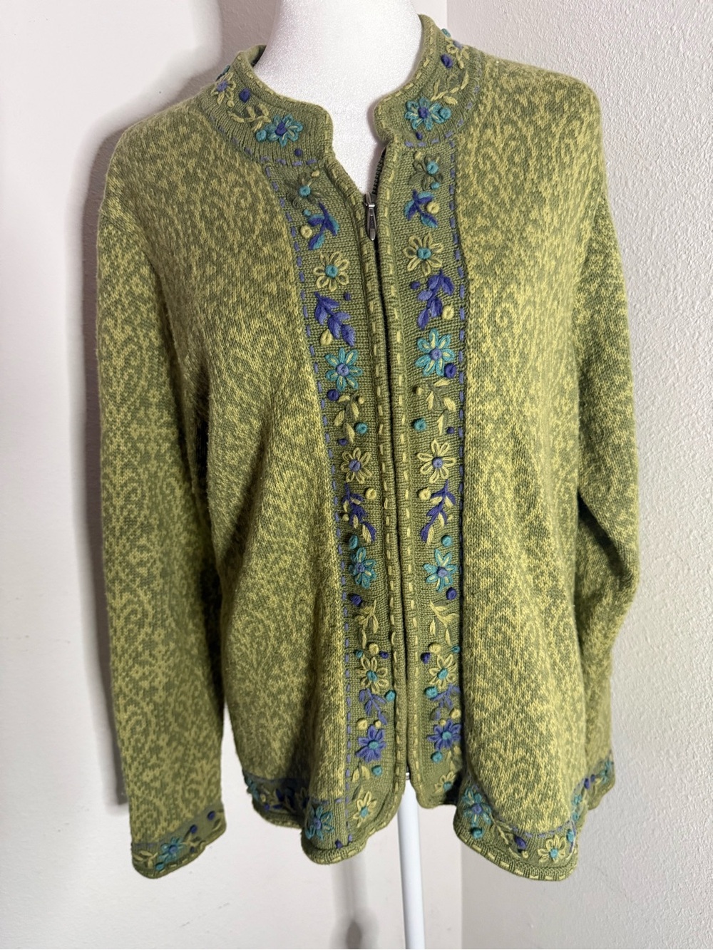 Vtg Nomadic Traders Floral Embroidered Zip Cardigan L